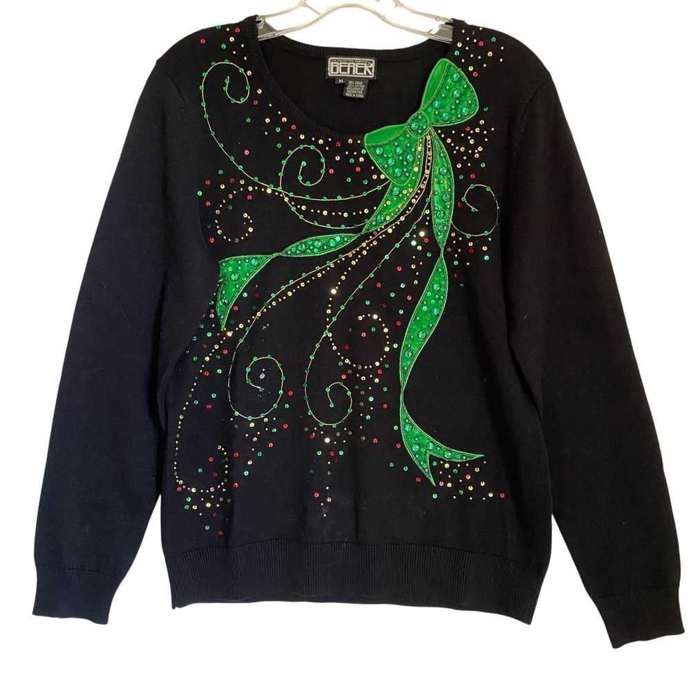 Vintage 90s Holiday Sweater Size M Black Embellished Rhinestones Christmas